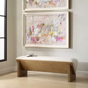 Uttermost Wedged Ivory Faux Sheepskin Cushioned Seat Oak Wood Bench