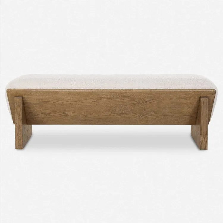 Uttermost Wedged Ivory Faux Sheepskin Cushioned Seat Oak Wood Bench