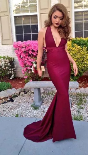 V-Neck Prom Dresses,Burgundy Prom Dress ,Evening Dress