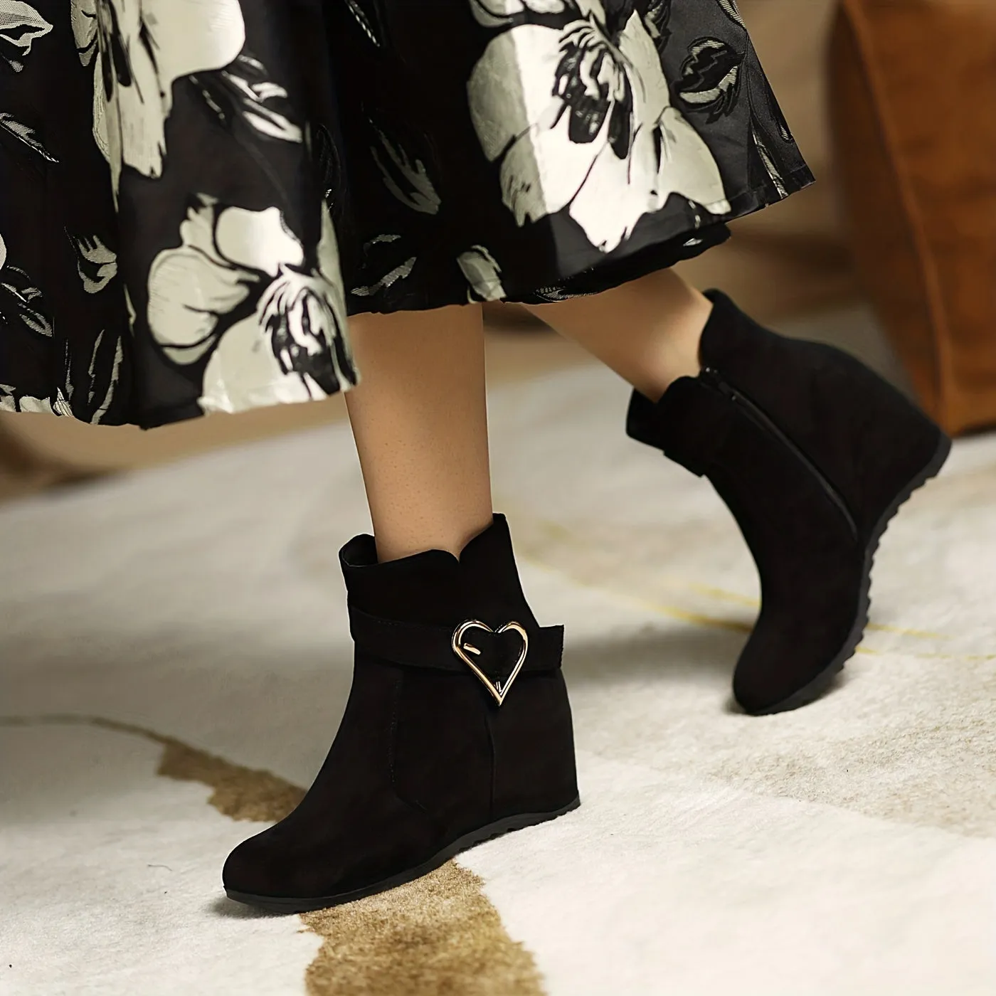 VougeVamp Stylish Wedge Ankle Boots – Heart-Shaped Buckle Strap, Comfortable & Breathable Slip-On Design