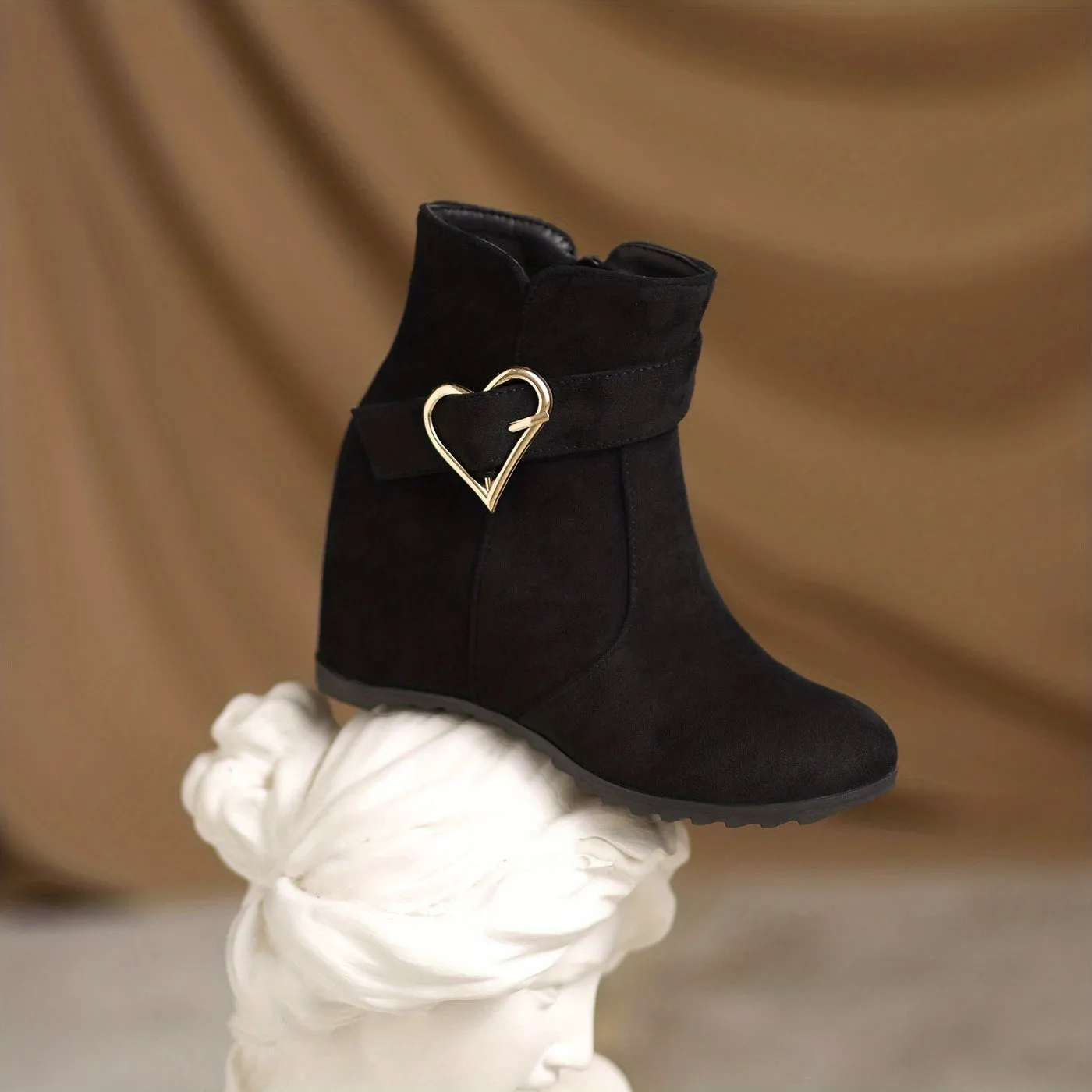 VougeVamp Stylish Wedge Ankle Boots – Heart-Shaped Buckle Strap, Comfortable & Breathable Slip-On Design