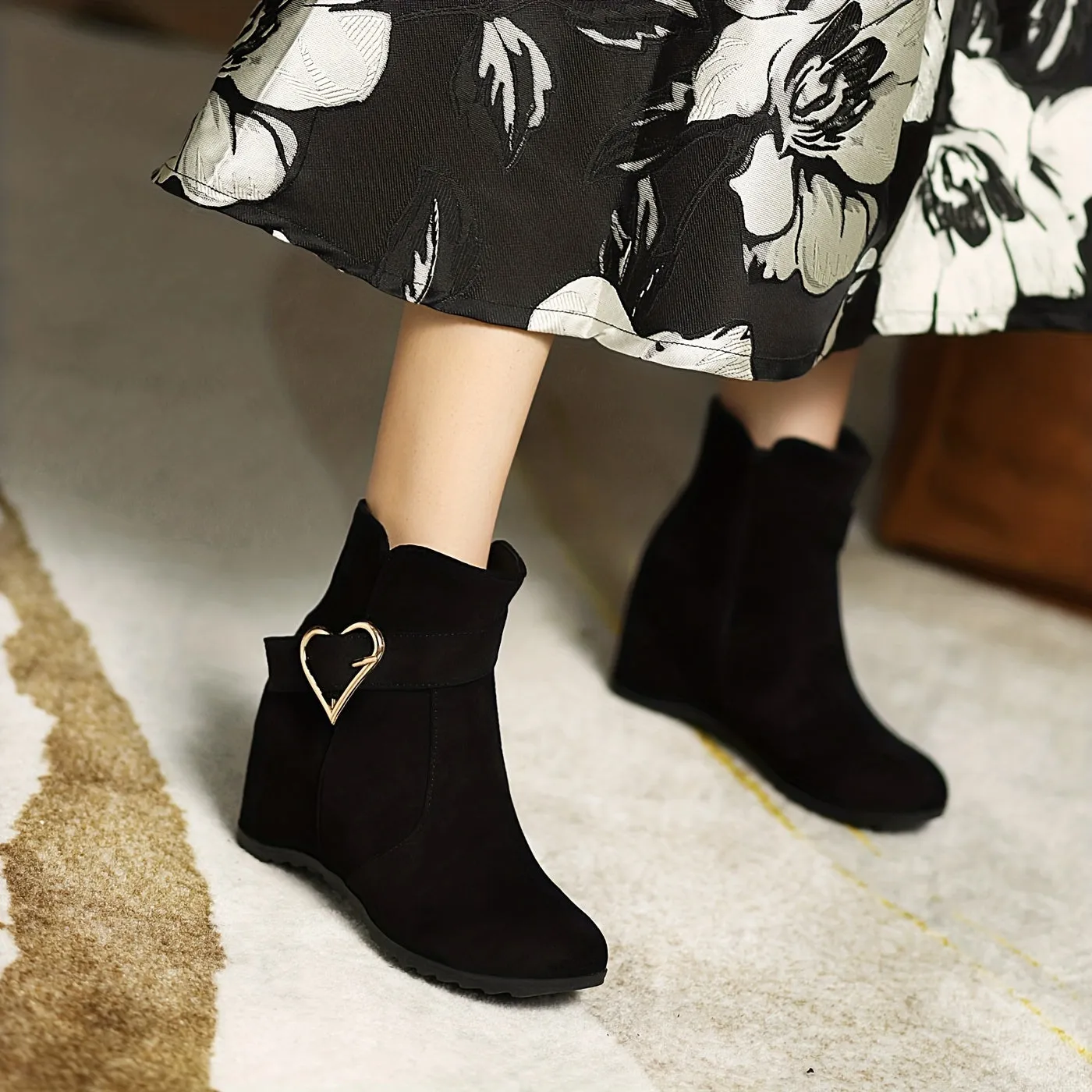 VougeVamp Stylish Wedge Ankle Boots – Heart-Shaped Buckle Strap, Comfortable & Breathable Slip-On Design
