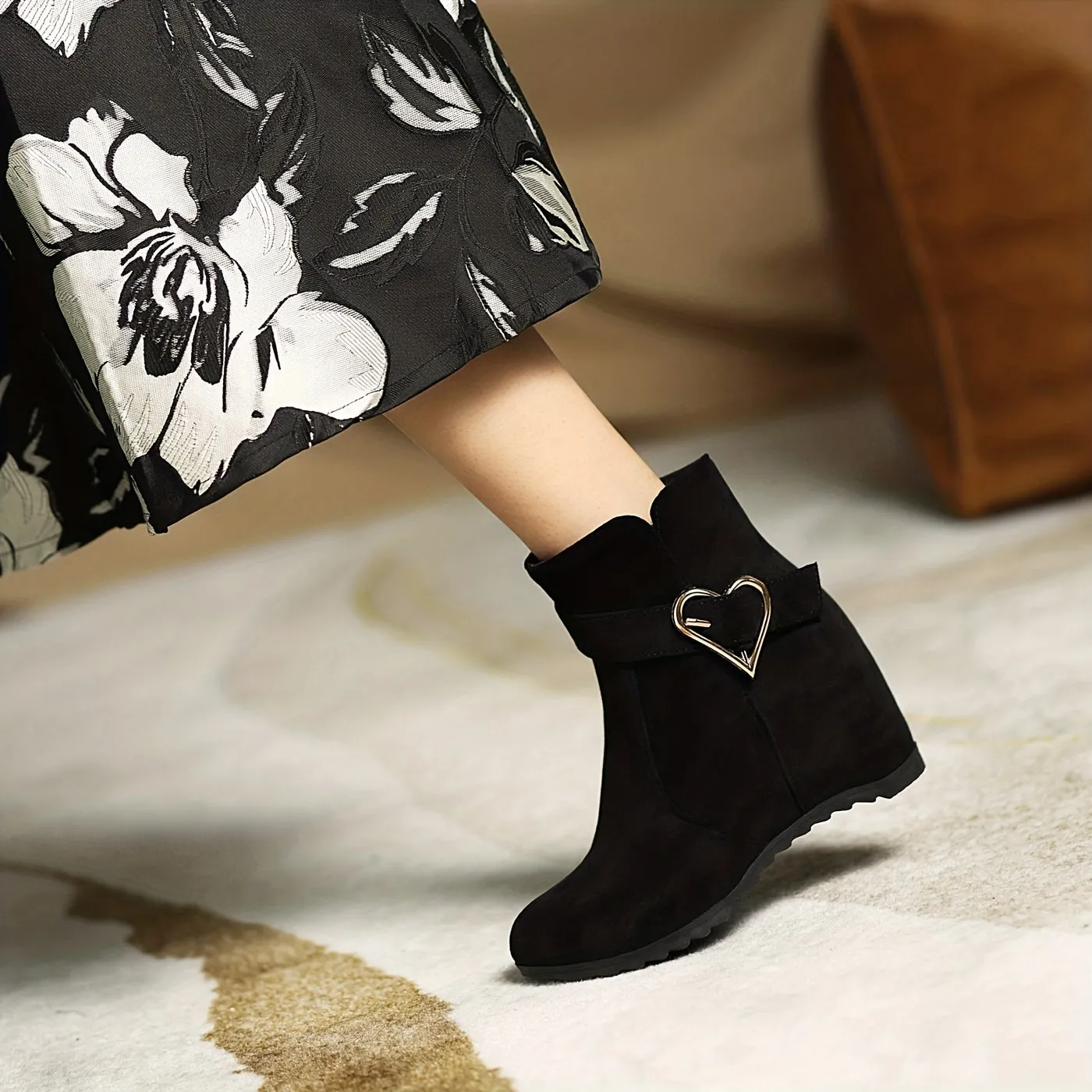 VougeVamp Stylish Wedge Ankle Boots – Heart-Shaped Buckle Strap, Comfortable & Breathable Slip-On Design