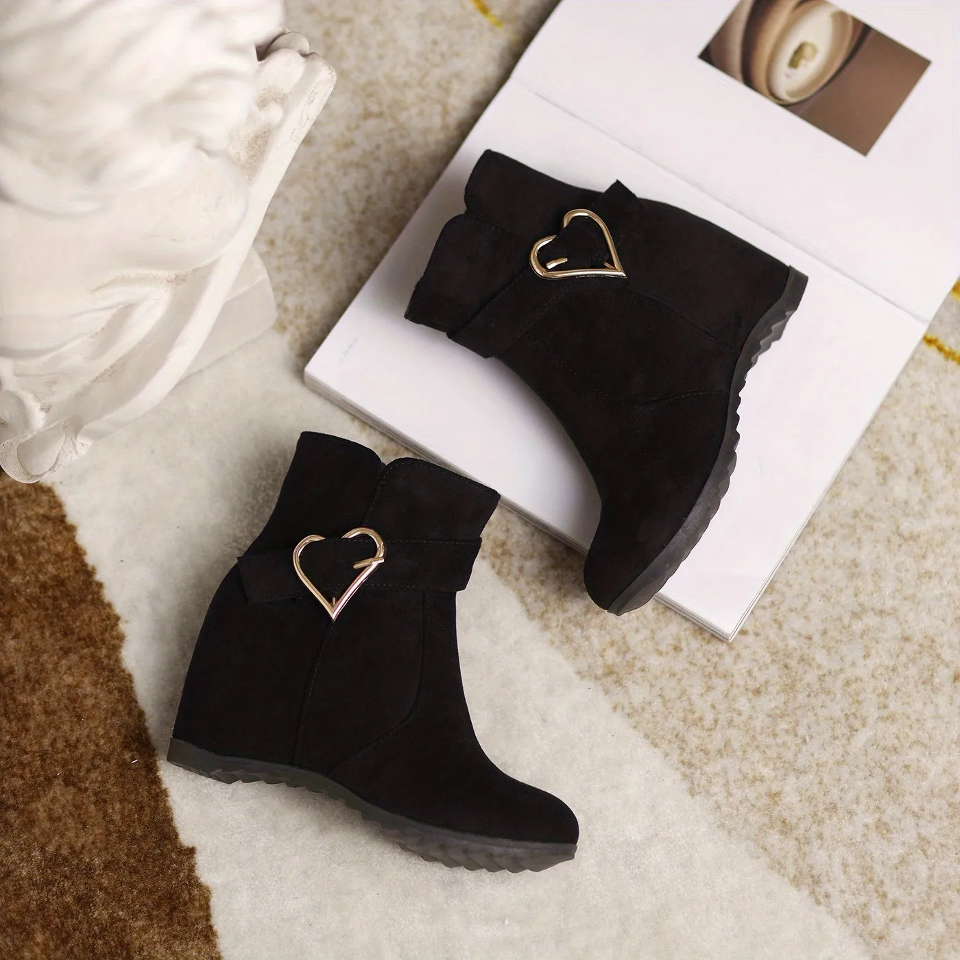 VougeVamp Stylish Wedge Ankle Boots – Heart-Shaped Buckle Strap, Comfortable & Breathable Slip-On Design