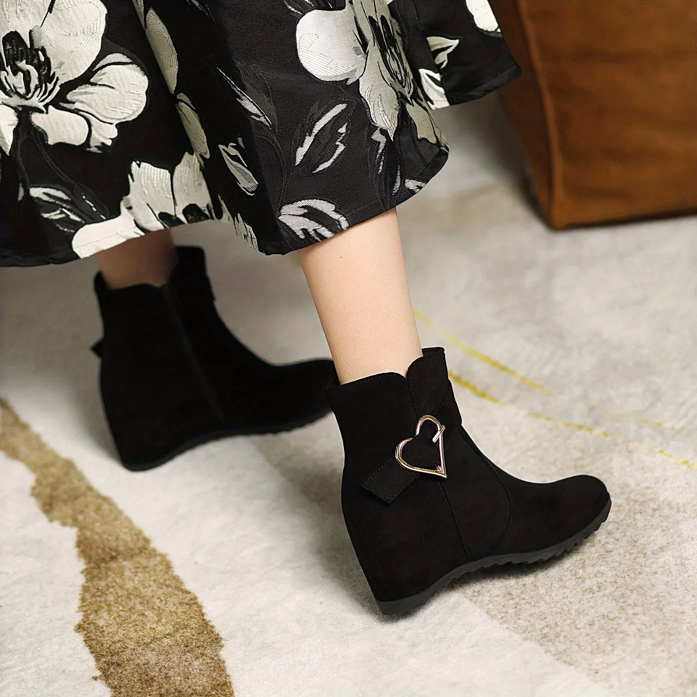 VougeVamp Stylish Wedge Ankle Boots – Heart-Shaped Buckle Strap, Comfortable & Breathable Slip-On Design