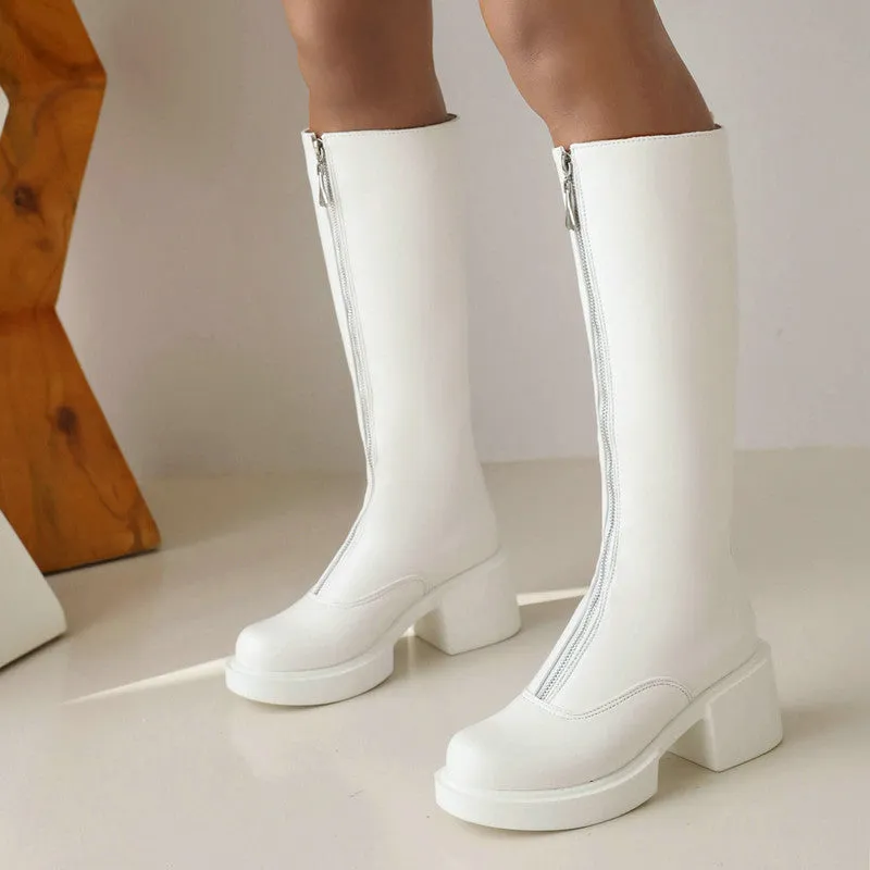 Women's Knight Martin Boots Round Toe Chunky Heel Front Zipper