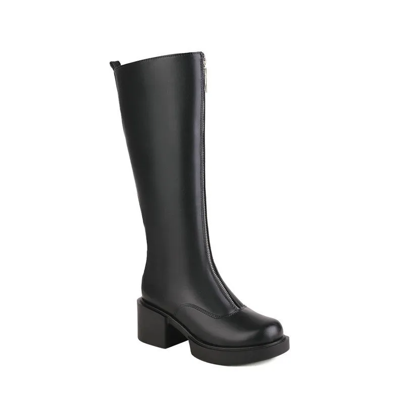Women's Knight Martin Boots Round Toe Chunky Heel Front Zipper