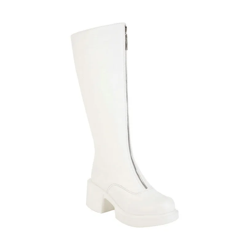 Women's Knight Martin Boots Round Toe Chunky Heel Front Zipper