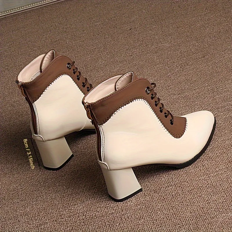 Women's Two-Tone Lace-Up Ankle Boots – Stylish Color Block Design with Chunky Heel & Breathable Mesh Interior