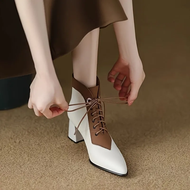 Women's Two-Tone Lace-Up Ankle Boots – Stylish Color Block Design with Chunky Heel & Breathable Mesh Interior