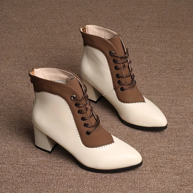 Women's Two-Tone Lace-Up Ankle Boots – Stylish Color Block Design with Chunky Heel & Breathable Mesh Interior