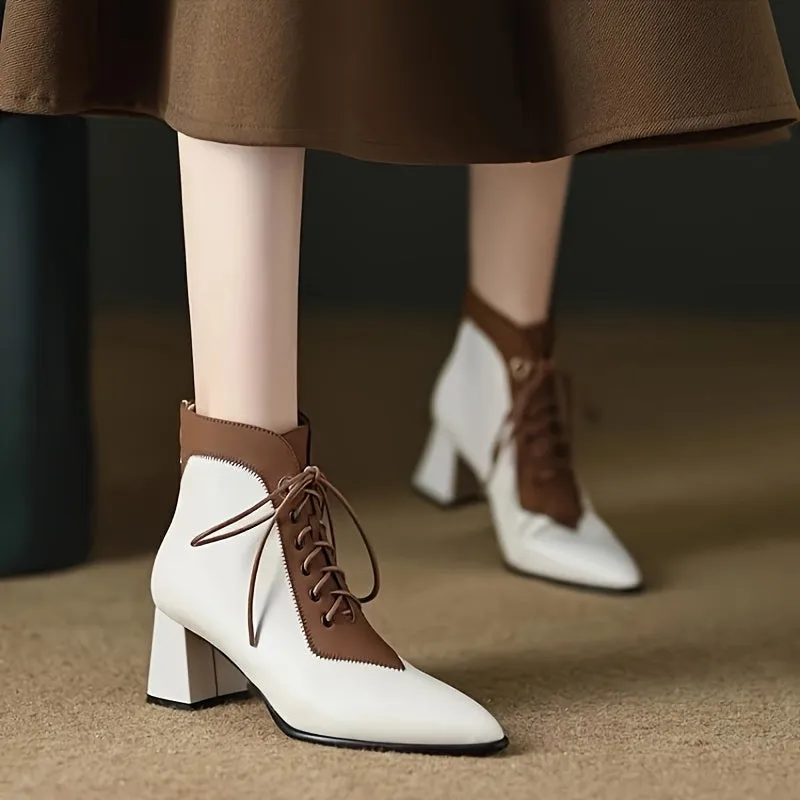 Women's Two-Tone Lace-Up Ankle Boots – Stylish Color Block Design with Chunky Heel & Breathable Mesh Interior