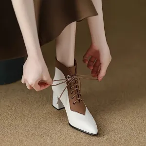 Women's Two-Tone Lace-Up Ankle Boots – Stylish Color Block Design with Chunky Heel & Breathable Mesh Interior