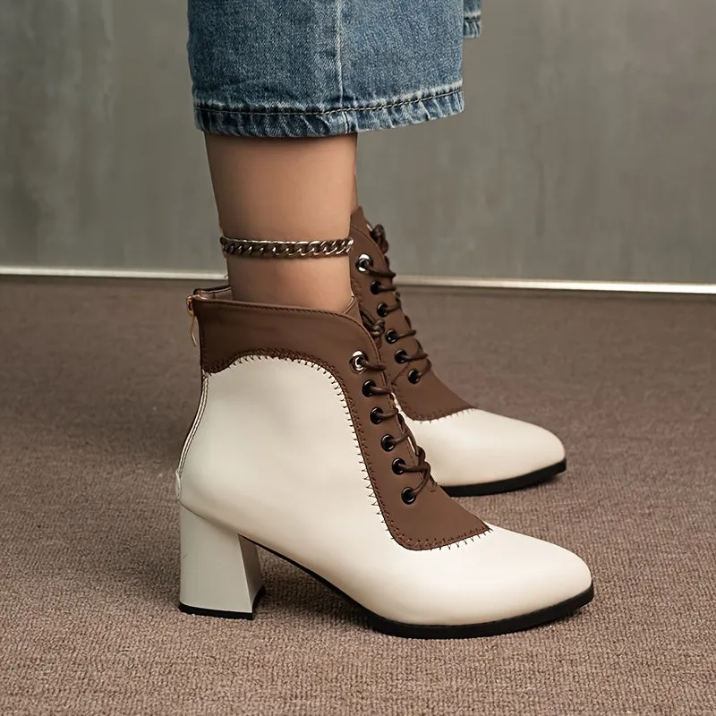 Women's Two-Tone Lace-Up Ankle Boots – Stylish Color Block Design with Chunky Heel & Breathable Mesh Interior